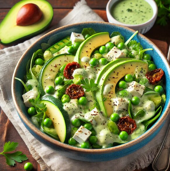 Gezonde groene groentensalade, avocado, courgette, mozzarella, doperwten, peultjes, yoghurt